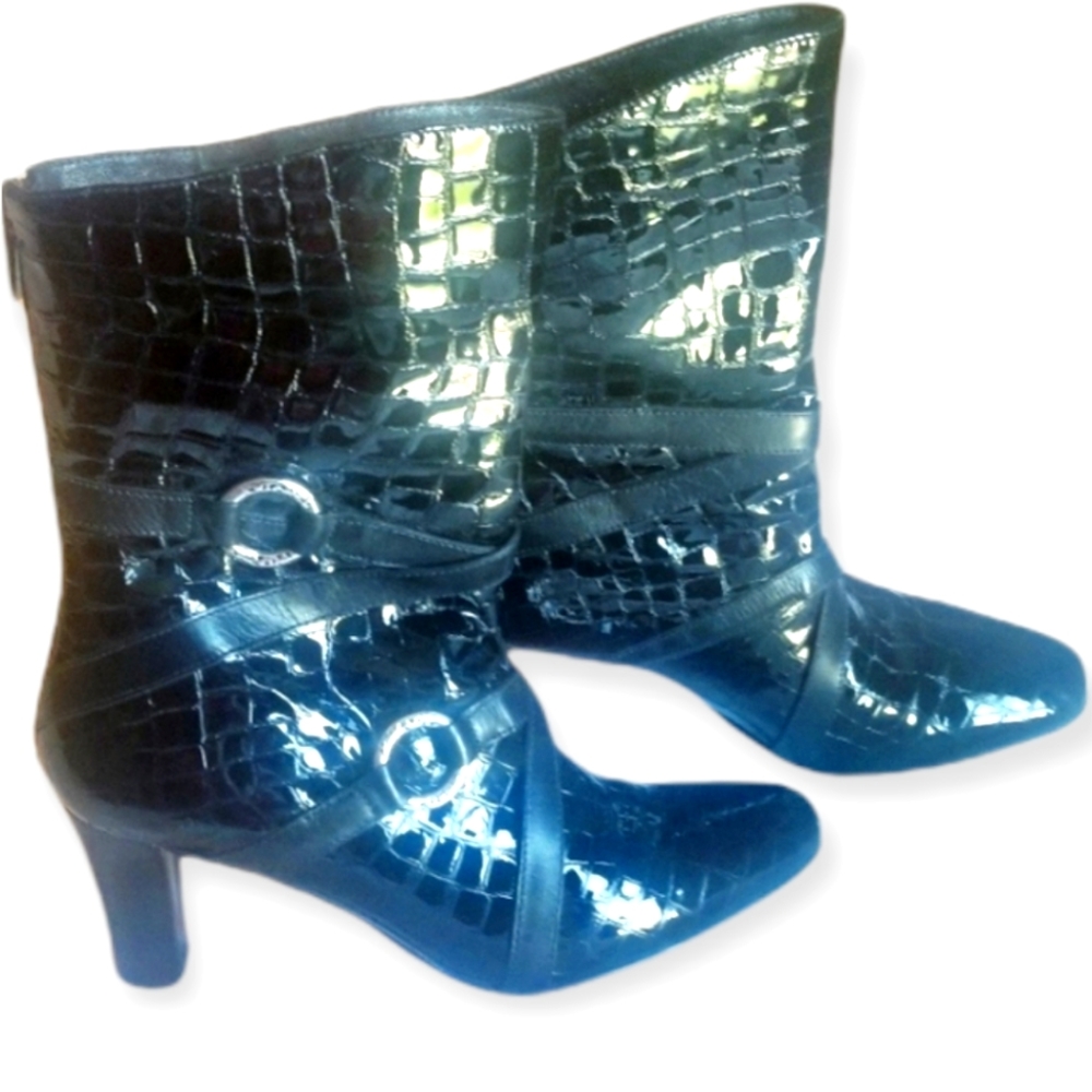 Brighton Risqué Black Patton Leather Boots with Silver Buckles Women's Size 9